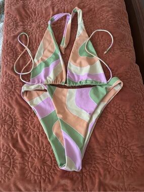 Aurelle Pastel Wave Print Triangle Bikini Set - Peach, Green & Lilac